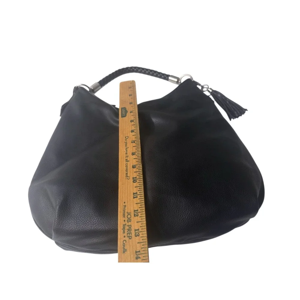 NINE WEST Pebbled Faux Leather Slouchy Hobo Bag Braided Handle Tassel Accent